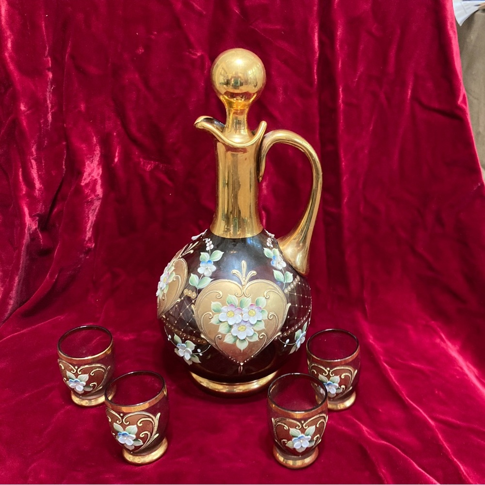 Vintage Czech Bohemian Amber Glass Gold Gilt Enamel Flower Decanter / cups